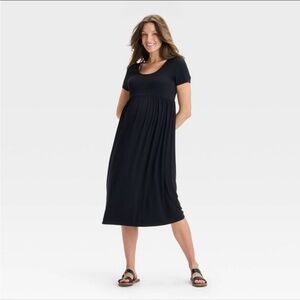 Black Pleated Midi Sundress Maternity with Scoop Neck